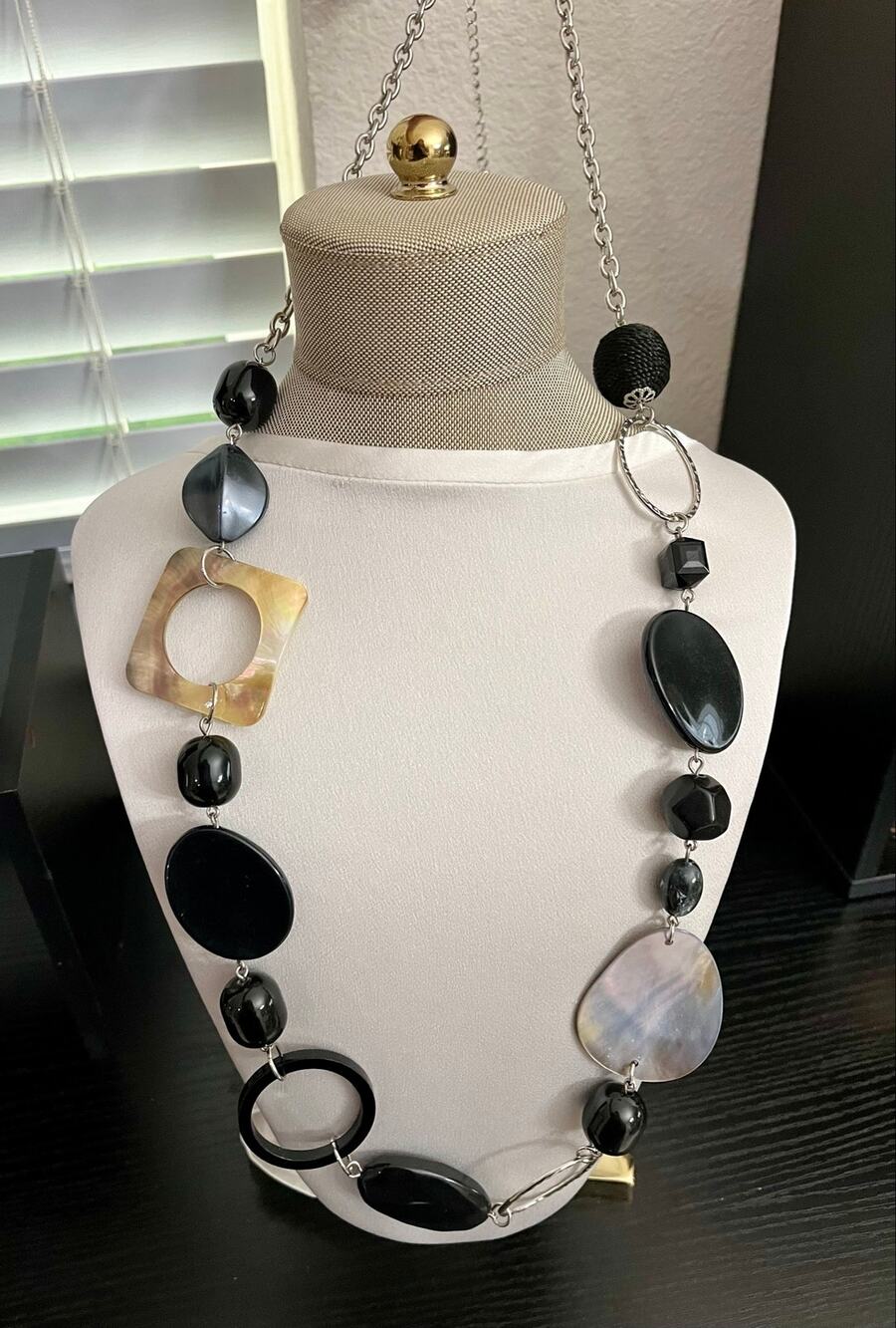 Chico's Bold Chunky Black & Matte Silver Oval Disc Geometric Necklace